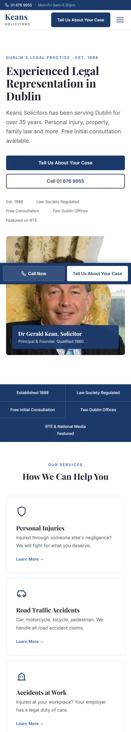 Keans Solicitors website on a phone